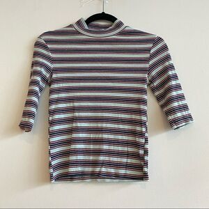 Zara Light Blue Maroon Red Striped Ribbed 1/2 Sleeve Mock Neck Size Small
